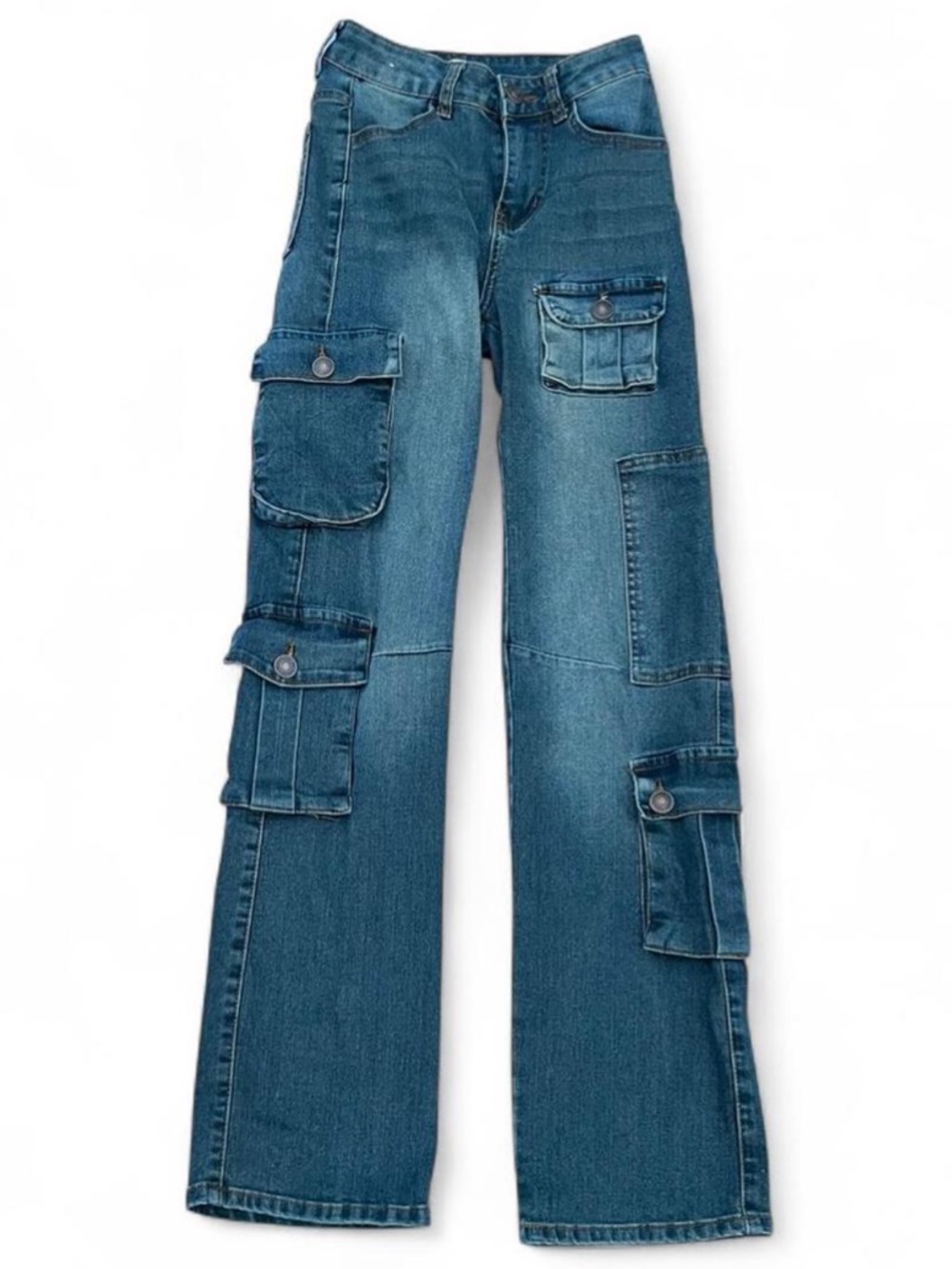 Antique Blue Wide-Leg Cargo Jeans with Patch Pockets